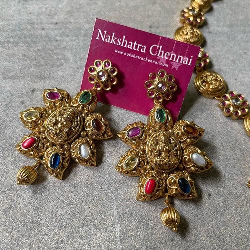 Premium Antique Polish Navratna Lakshmi Short Chain Set