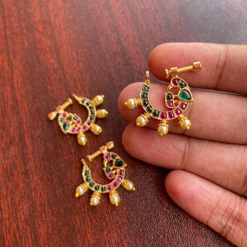 Premium Micro Gold polished Real kemp Peacock Nose Nath with pearls - Ruby & Green