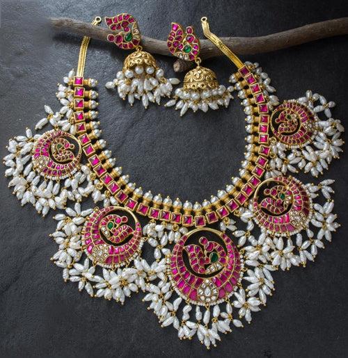 Kundan Jadau Non-Idol Rice pearls Guttapusalu Necklace Set