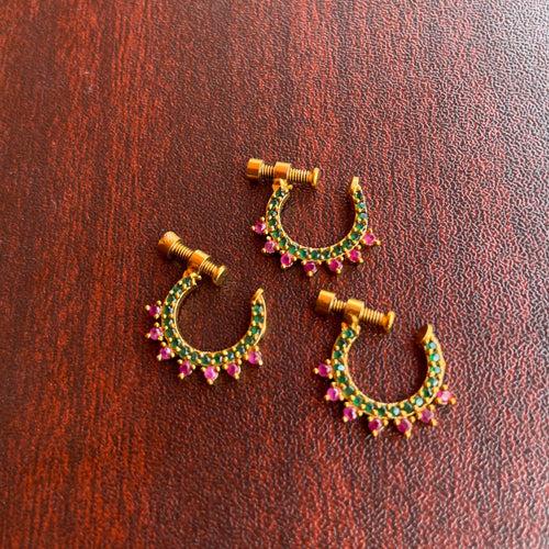 Premium Antique AD stones Simple Nose Nath - Green & Ruby