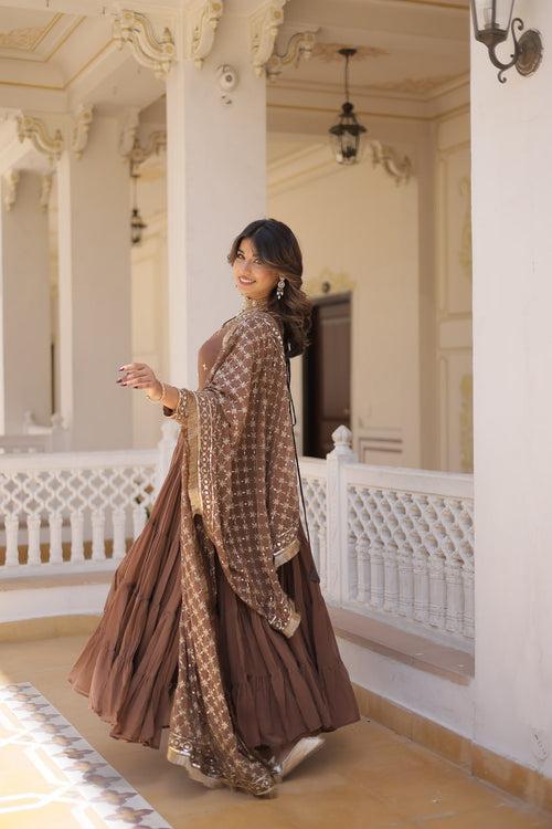 Enthralling Sequin Embroidered Coffee Color Gown with Designer Dupatta - Festive Wear