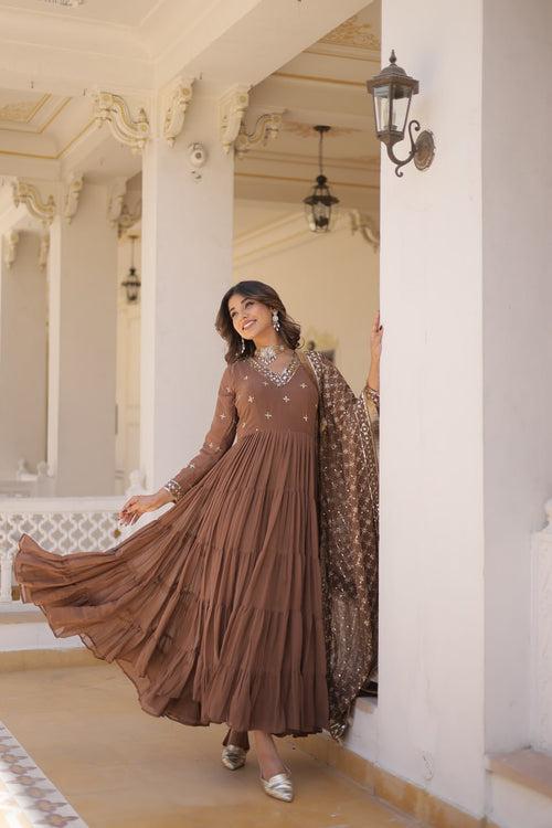 Enthralling Sequin Embroidered Coffee Color Gown with Designer Dupatta - Festive Wear