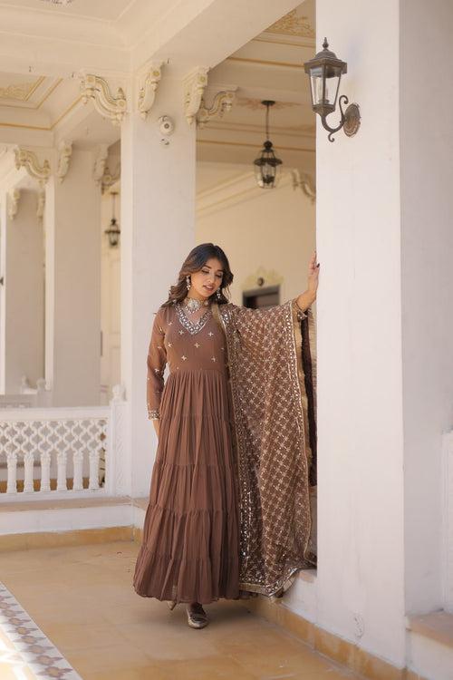 Enthralling Sequin Embroidered Coffee Color Gown with Designer Dupatta - Festive Wear