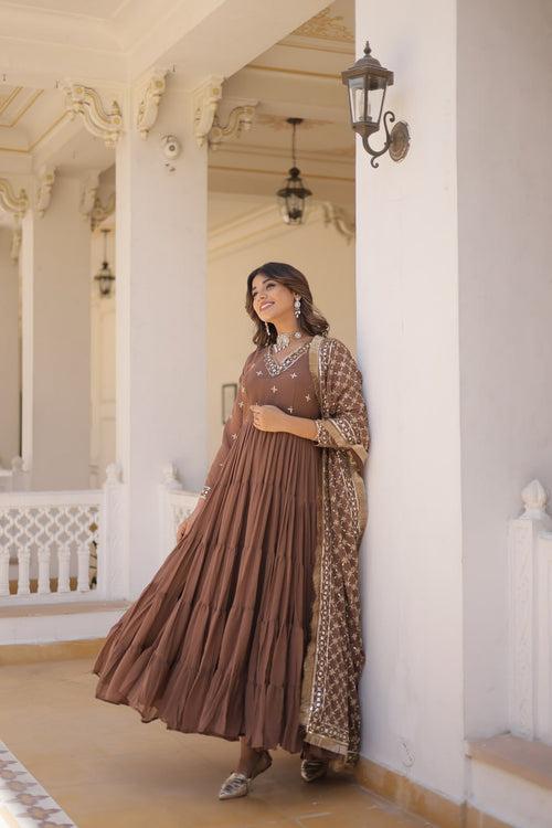 Enthralling Sequin Embroidered Coffee Color Gown with Designer Dupatta - Festive Wear