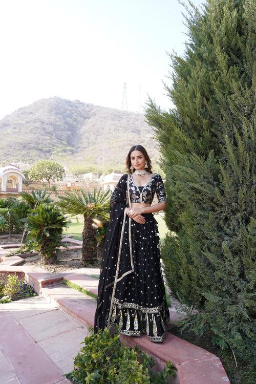 Black Designer Faux Blooming Lehenga Choli with Shimmering Sequins & Lace