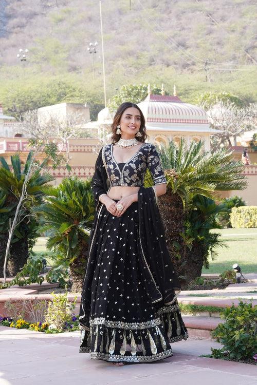 Black Designer Faux Blooming Lehenga Choli with Shimmering Sequins & Lace