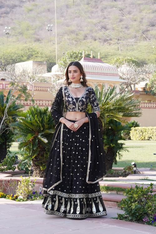 Black Designer Faux Blooming Lehenga Choli with Shimmering Sequins & Lace