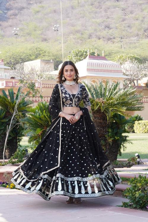 Black Designer Faux Blooming Lehenga Choli with Shimmering Sequins & Lace