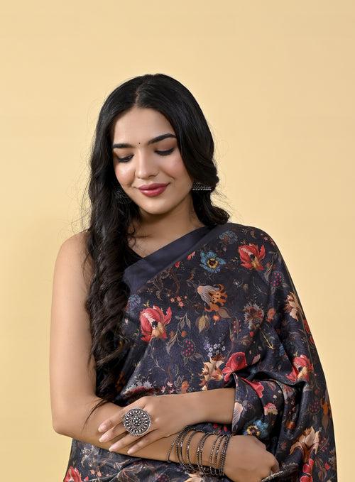 Black Floral Digital Printed Heavy Satin Silk Saree with Black Silk Blouse