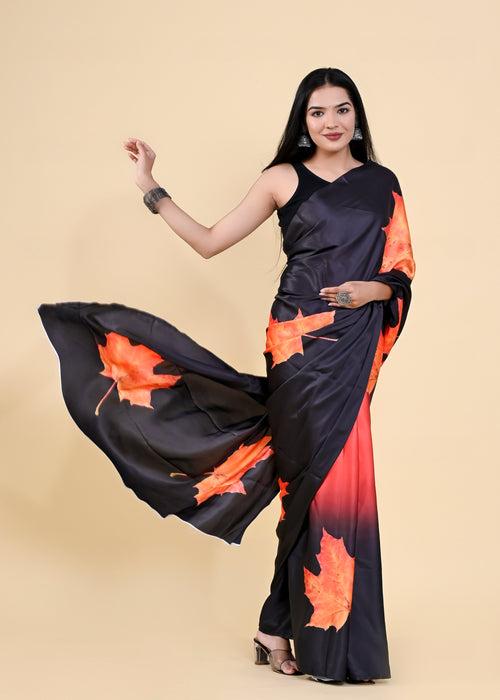 Black & Orange Floral Digital Printed Heavy Satin Silk Saree with Silk Blouse