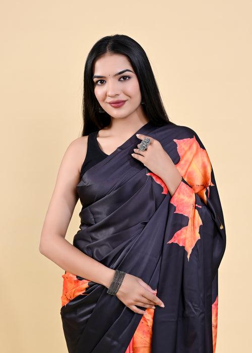 Black & Orange Floral Digital Printed Heavy Satin Silk Saree with Silk Blouse