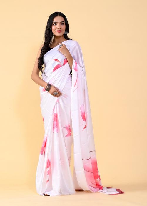 Exquisite White & Pink Floral Saree with Silk Blouse