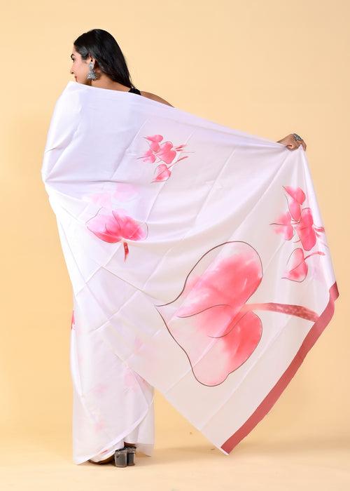 Exquisite White & Pink Floral Saree with Silk Blouse