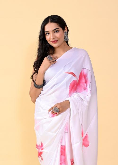 Exquisite White & Pink Floral Saree with Silk Blouse