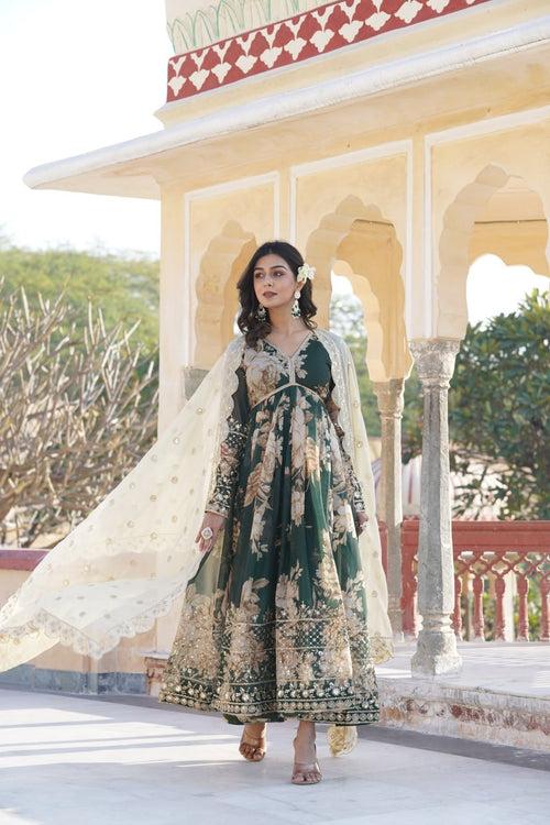 Luxurious Green Alia Cut Gown with Embroidered Dupatta Set