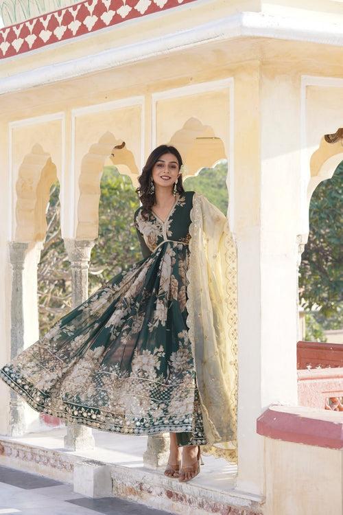 Luxurious Green Alia Cut Gown with Embroidered Dupatta Set