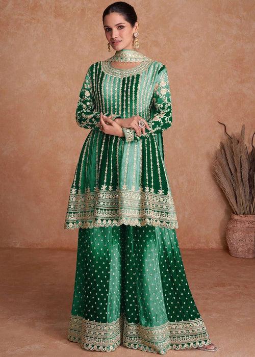 Green Pakistani Outfit Wear Sharara Dress For Women Wedding Gharara Salwar Kameez With Embroidered Dupatta Bridesmaid's Wear Sharara Suit's