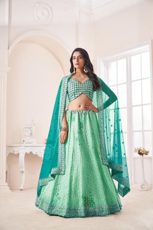 Shimmering Green Party Wear Lehenga Choli Set - Embroidered Elegance