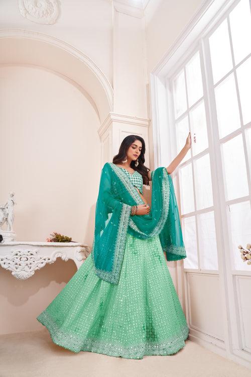 Shimmering Green Party Wear Lehenga Choli Set - Embroidered Elegance
