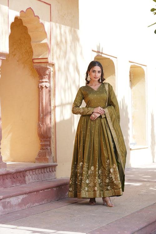 Luxurious Olive Green Viscose Cosmos Gown with Embroidered Dupatta Set