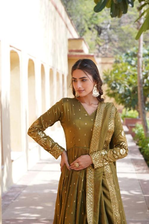 Luxurious Olive Green Viscose Cosmos Gown with Embroidered Dupatta Set