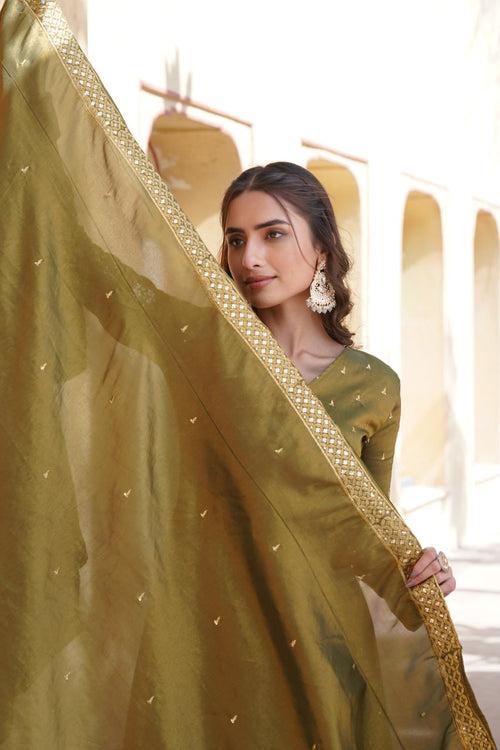 Luxurious Olive Green Viscose Cosmos Gown with Embroidered Dupatta Set