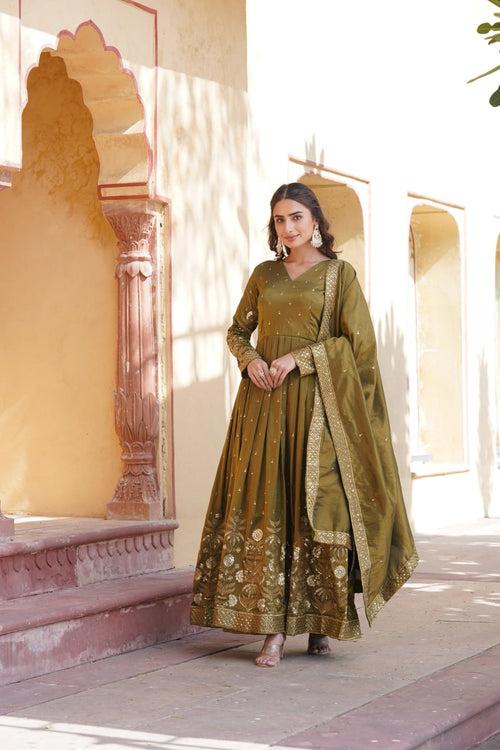 Luxurious Olive Green Viscose Cosmos Gown with Embroidered Dupatta Set