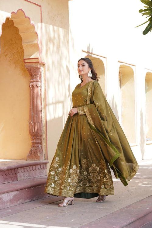 Luxurious Olive Green Viscose Cosmos Gown with Embroidered Dupatta Set