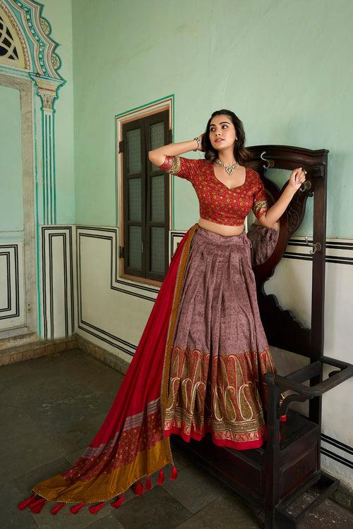 Onion Tussar Silk Lehenga Choli with Stunning Kashmiri Foil Print - Perfect for Weddings & Festivals