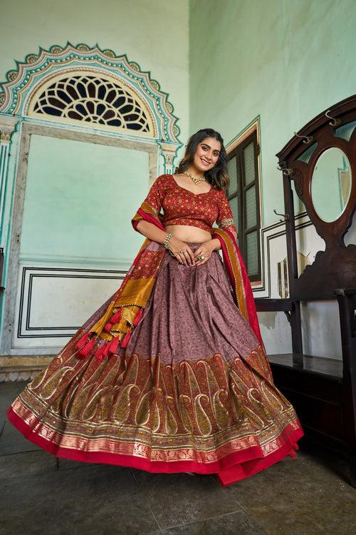 Onion Tussar Silk Lehenga Choli with Stunning Kashmiri Foil Print - Perfect for Weddings & Festivals