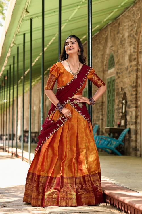 Orange Regal Zari Woven Kanjivaram Lehenga Choli with Sequin Embroidery Dupatta