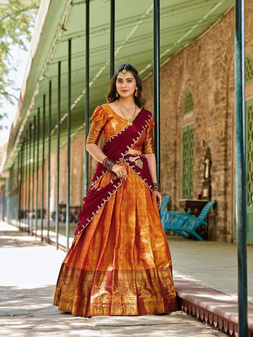Orange Regal Zari Woven Kanjivaram Lehenga Choli with Sequin Embroidery Dupatta