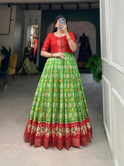 Parrot Green Dola Silk Printed Gown - Embrace Elegance and Comfort