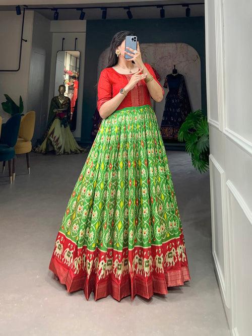 Parrot Green Dola Silk Printed Gown - Embrace Elegance and Comfort