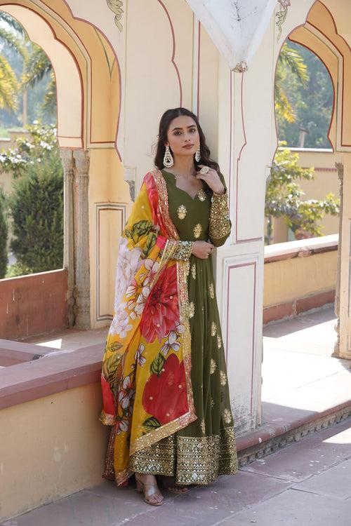 Premium Olive Green Designer Readymade Faux Georgette Gown with Zari & Sequin Embroidery, V-Neck, Full Sleeves & Dupatta