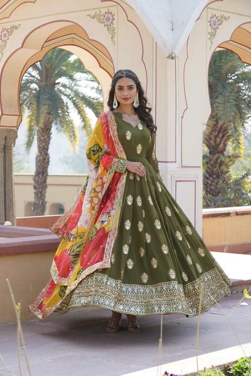 Premium Olive Green Designer Readymade Faux Georgette Gown with Zari & Sequin Embroidery, V-Neck, Full Sleeves & Dupatta