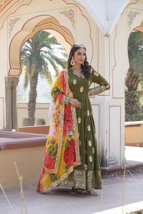 Premium Olive Green Designer Readymade Faux Georgette Gown with Zari & Sequin Embroidery, V-Neck, Full Sleeves & Dupatta
