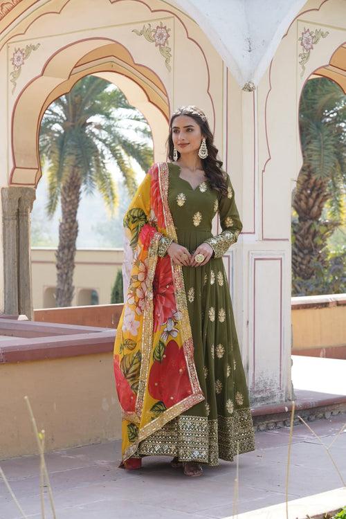 Premium Olive Green Designer Readymade Faux Georgette Gown with Zari & Sequin Embroidery, V-Neck, Full Sleeves & Dupatta