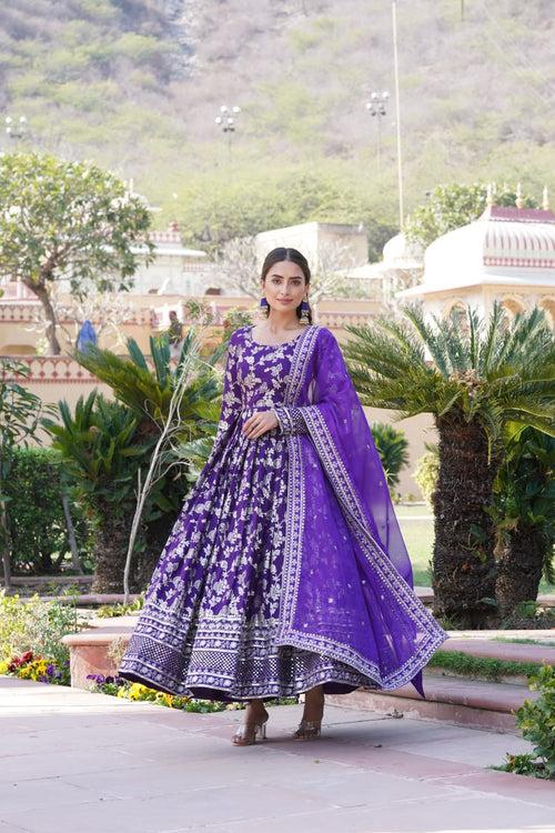 Luxe Purple Viscose Jacquard Gown with Sequin Embroidery & Russian Silk Dupatta