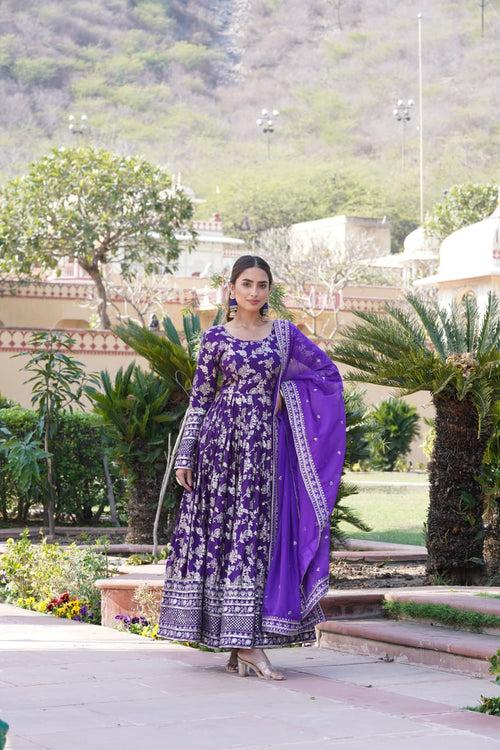 Luxe Purple Viscose Jacquard Gown with Sequin Embroidery & Russian Silk Dupatta