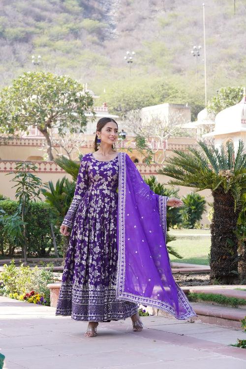 Luxe Purple Viscose Jacquard Gown with Sequin Embroidery & Russian Silk Dupatta