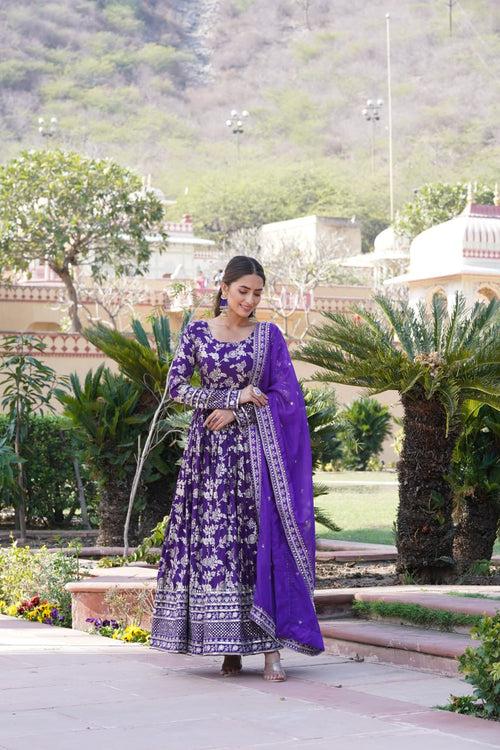 Luxe Purple Viscose Jacquard Gown with Sequin Embroidery & Russian Silk Dupatta