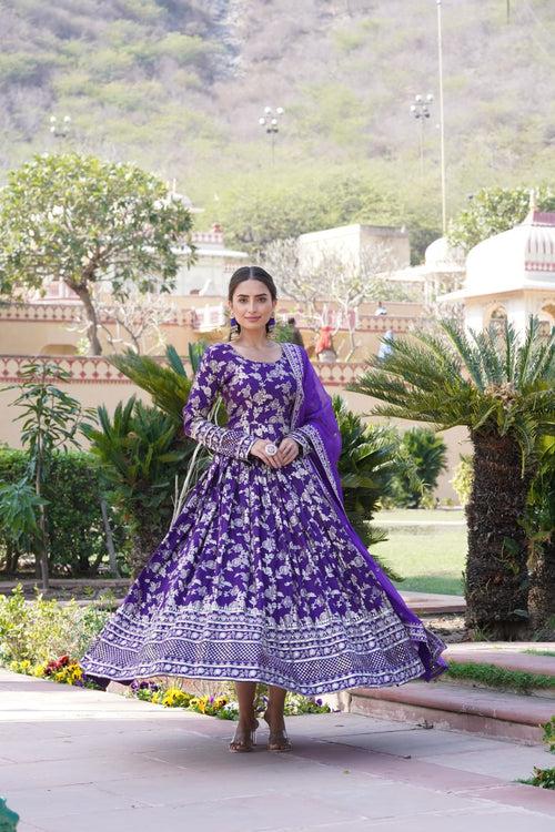 Luxe Purple Viscose Jacquard Gown with Sequin Embroidery & Russian Silk Dupatta