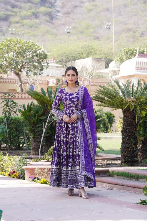 Luxe Purple Viscose Jacquard Gown with Sequin Embroidery & Russian Silk Dupatta