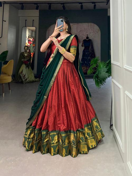 Red Kalyani Cotton Lehenga Choli Set with Flowy Georgette Dupatta for Timeless Elegance