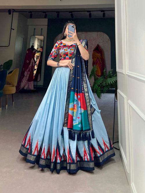 Luxurious Sea Blue Printed Tussar Silk Lehenga Choli with Foil Work - Set of 3