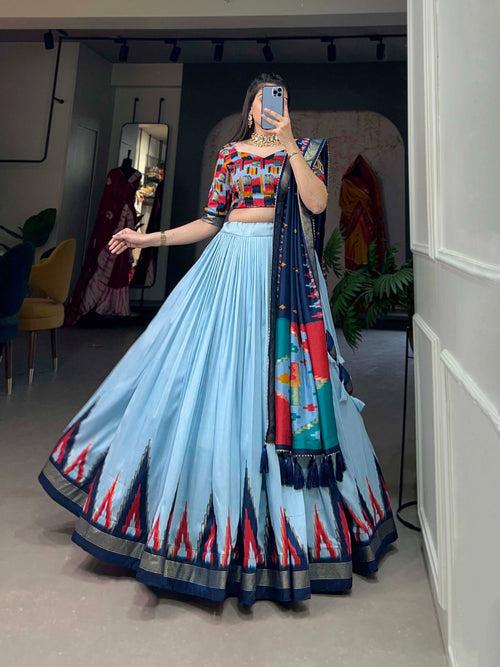 Luxurious Sea Blue Printed Tussar Silk Lehenga Choli with Foil Work - Set of 3