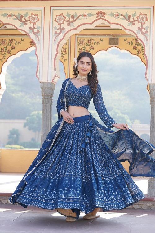 Shimmering Teal Faux Georgette Lehenga Choli with Sequins & Thread Work