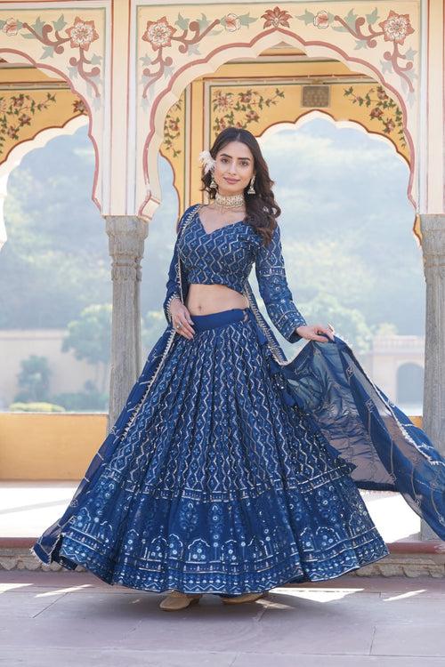 Shimmering Teal Faux Georgette Lehenga Choli with Sequins & Thread Work