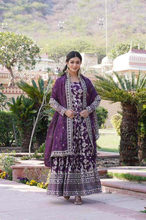 Luxe Wine Viscose Jacquard Gown with Sequin Embroidery & Russian Silk Dupatta